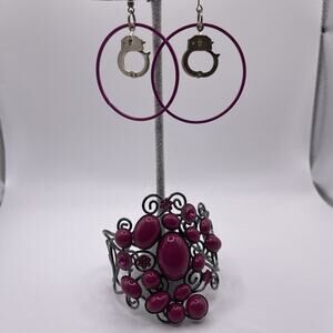 Kitschy Bracelet Earring Set Tribal Scroll Working Handcuffs Mauve Pink Silver